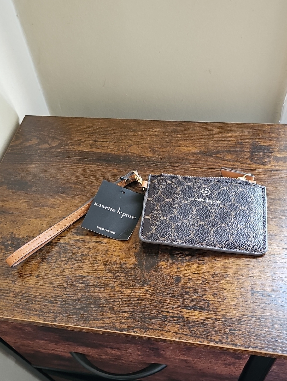 Nanette Lepore Brown Signature Zip Wristlet Card Case with Tan Strap